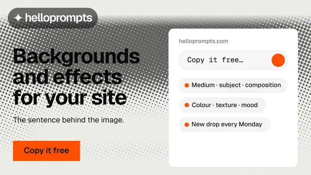 Landscape graphic for HelloPrompts: "Backgrounds and effects for your site". Swiss style, bottom layout, light palette in white, grey.