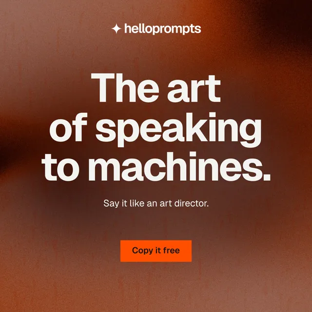 Instagram post for HelloPrompts: "The art of speaking to machines." Swiss style, centred layout, dark palette in red, orange, grey.