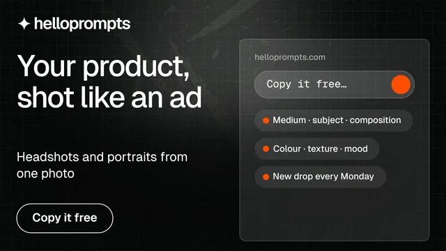 Landscape graphic for HelloPrompts: "Your product, shot like an ad". Phosphor atlas style, bottom layout, dark palette in black, grey.