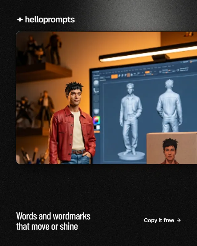 Instagram portrait post for HelloPrompts: "Words and wordmarks that move or shine". Dark deco style, image led layout, dark palette in black, grey.