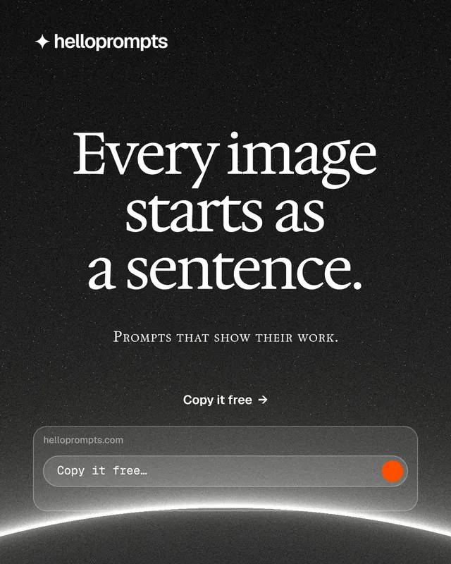 Instagram portrait post for HelloPrompts: "Every image starts as a sentence." Swiss style, smallcaps layout, dark palette in black, grey.