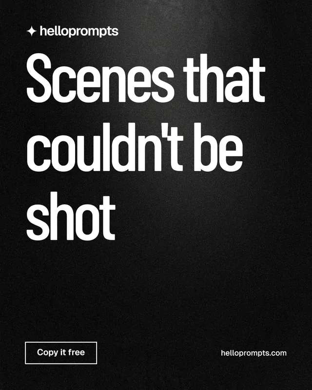 Instagram portrait post for HelloPrompts: "Scenes that couldn't be shot". Dark deco style, poster layout, dark palette in black, grey.