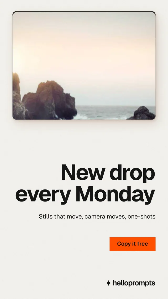 Instagram story for HelloPrompts: "New drop every Monday". Swiss style, right layout, light palette in white, orange, grey.