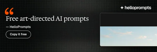 X header for HelloPrompts: "Free art-directed AI prompts". Phosphor atlas style, quote layout, dark palette in black, teal, grey.
