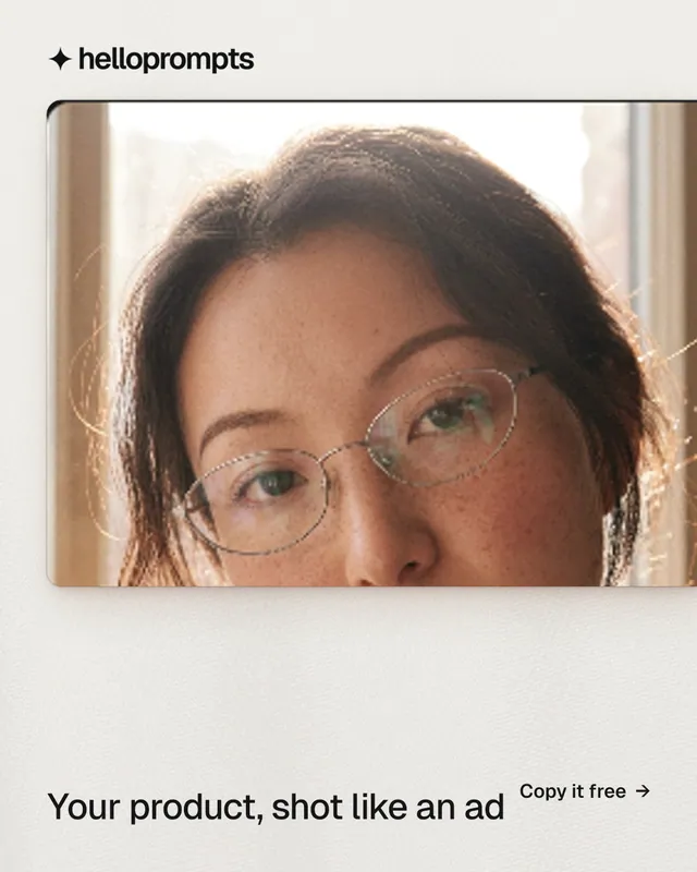 Instagram portrait post for HelloPrompts: "Your product, shot like an ad". Data card style, image led layout, light palette in white, orange.