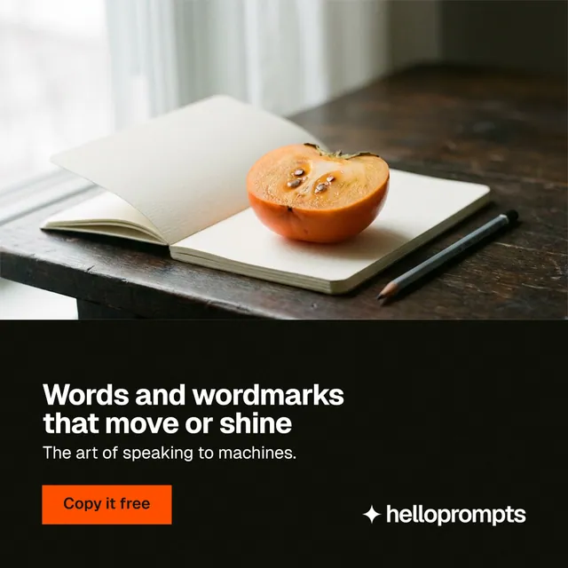 Instagram post for HelloPrompts: "Words and wordmarks that move or shine". Swiss style, bottom layout, dark palette in white, black, orange.