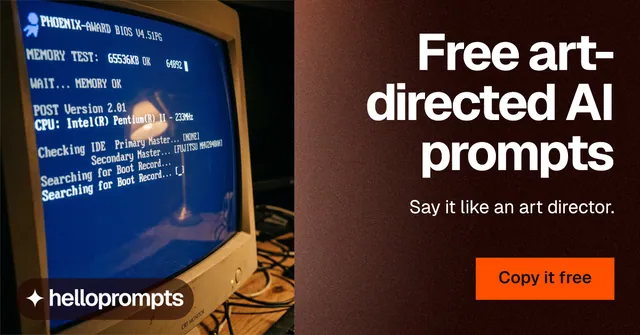 Social ad for HelloPrompts: "Free art-directed AI prompts". Swiss style, right layout, dark palette in black, grey, red.