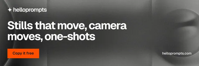 X header for HelloPrompts: "Stills that move, camera moves, one-shots". Swiss style, poster layout, dark palette in grey, black.