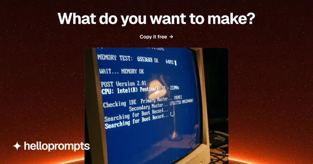 Social ad for HelloPrompts: "What do you want to make?" Swiss style, ogui layout, dark palette in black, blue, red.