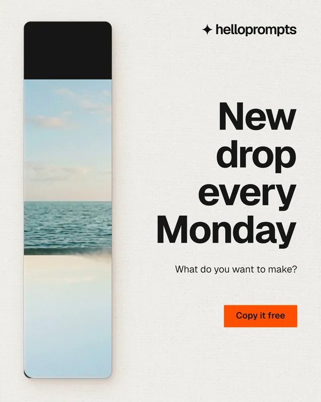 Instagram portrait post for HelloPrompts: "New drop every Monday". Swiss style, right layout, light palette in white, grey.