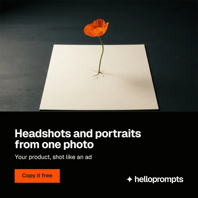 Instagram post for HelloPrompts: "Headshots and portraits from one photo". Swiss style, bottom layout, dark palette in black, grey.