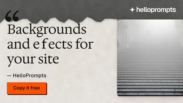 Landscape graphic for HelloPrompts: "Backgrounds and effects for your site". Paper trio style, quote layout, light palette in white, grey.