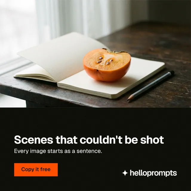 Instagram post for HelloPrompts: "Scenes that couldn't be shot". Swiss style, bottom layout, dark palette in white, black, orange.