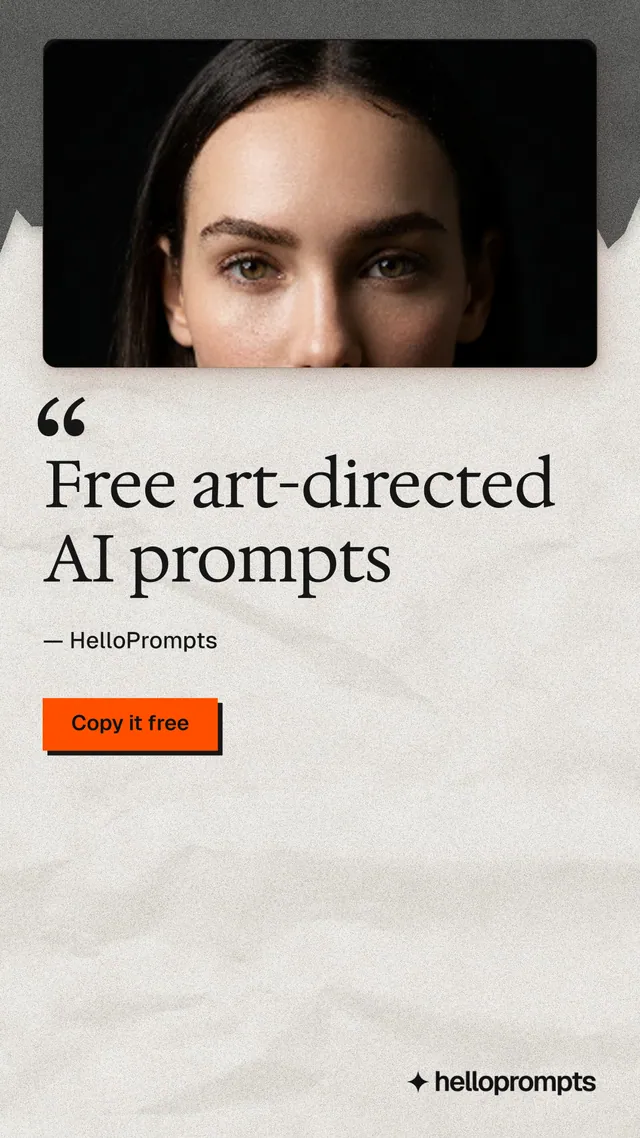 Instagram story for HelloPrompts: "Free art-directed AI prompts". Paper trio style, quote layout, light palette in white, orange, grey.