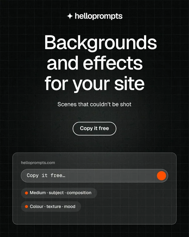 Instagram portrait post for HelloPrompts: "Backgrounds and effects for your site". Phosphor atlas style, centred layout, dark palette in black, grey.