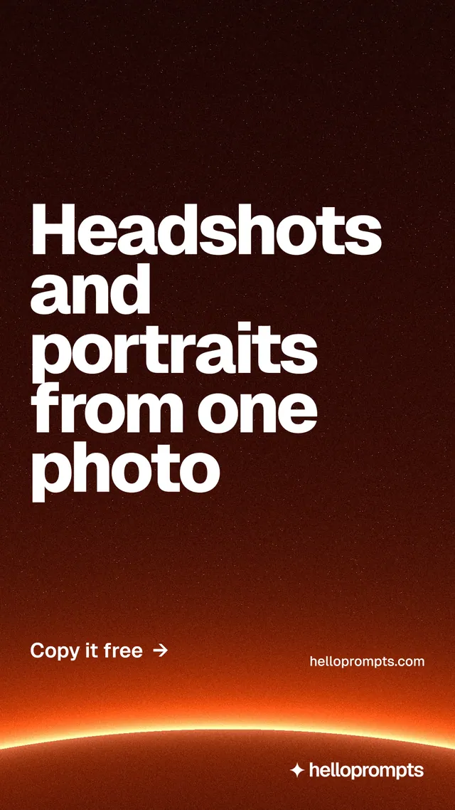Instagram story for HelloPrompts: "Headshots and portraits from one photo". Turn card style, poster layout, dark palette in red, black, orange.