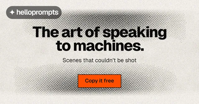Social ad for HelloPrompts: "The art of speaking to machines." Ink sticker style, centred layout, light palette in grey, white, yellow.