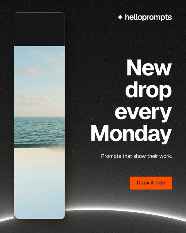 Instagram portrait post for HelloPrompts: "New drop every Monday". Swiss style, right layout, dark palette in grey, black.