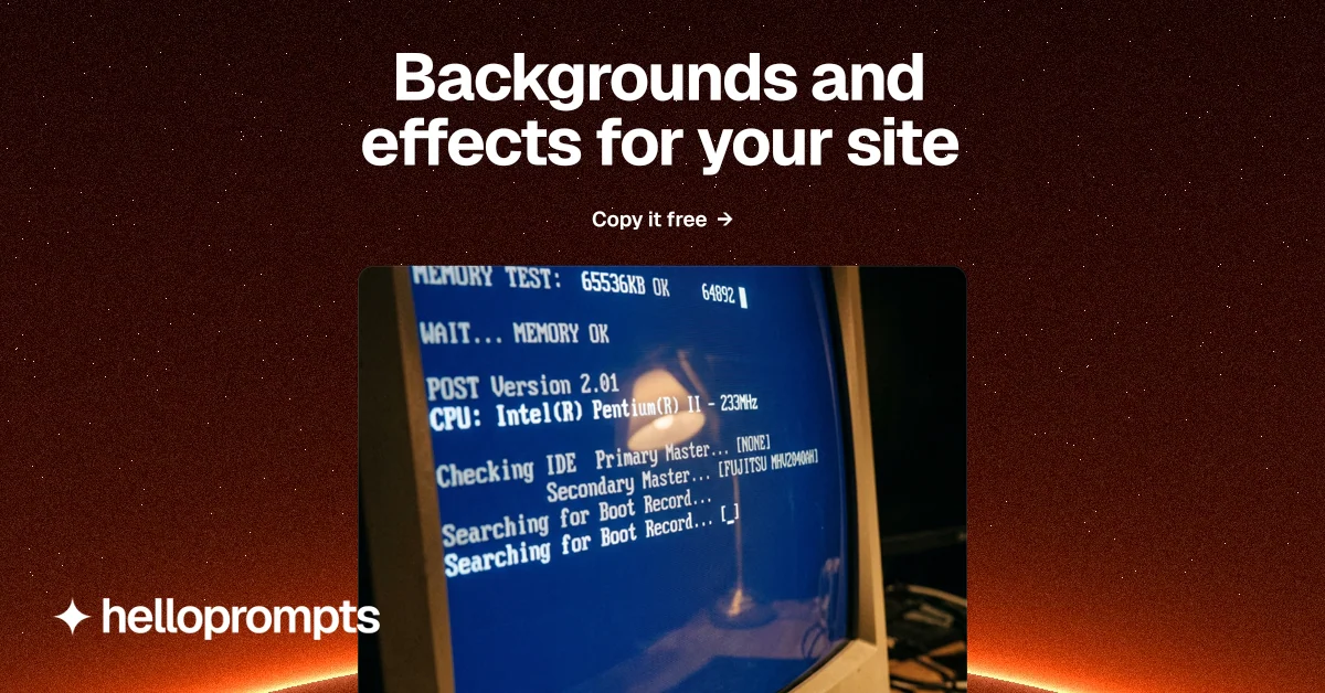 Social ad for HelloPrompts: "Backgrounds and effects for your site". Swiss style, ogui layout, dark palette in black, blue, red.