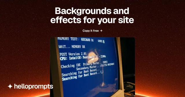 Social ad for HelloPrompts: "Backgrounds and effects for your site". Swiss style, ogui layout, dark palette in black, blue, red.