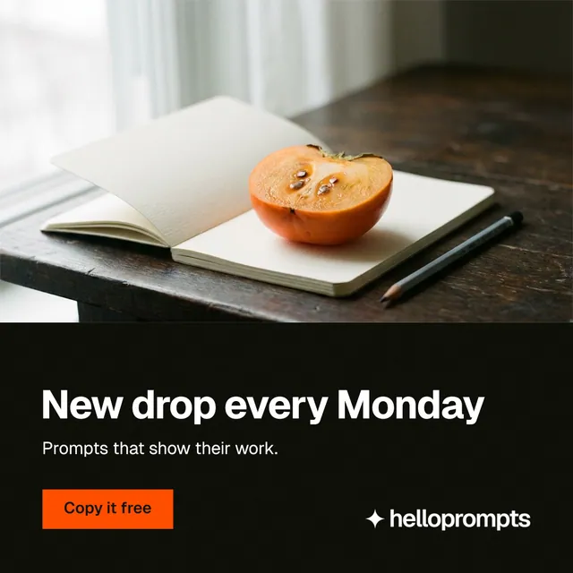 Instagram post for HelloPrompts: "New drop every Monday". Swiss style, bottom layout, dark palette in black, white, orange.