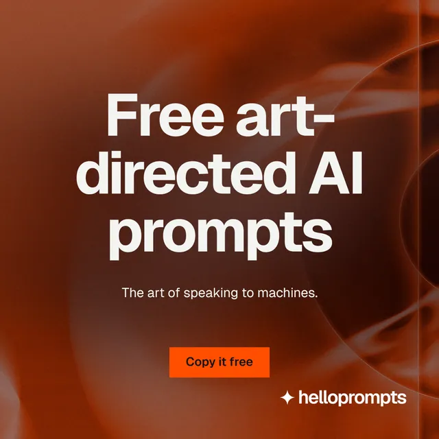 Instagram post for HelloPrompts: "Free art-directed AI prompts". Swiss style, centred layout, dark palette in red, orange, grey.
