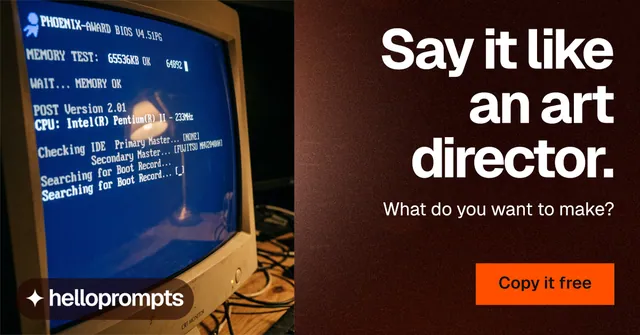 Social ad for HelloPrompts: "Say it like an art director." Swiss style, right layout, dark palette in black, blue, red.