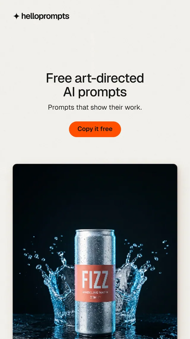 Instagram story for HelloPrompts: "Free art-directed AI prompts". Data card style, centred layout, light palette in white, black, grey.