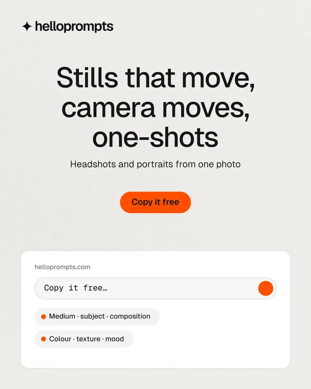 Instagram portrait post for HelloPrompts: "Stills that move, camera moves, one-shots". Data card style, centred layout, light palette in white, grey.
