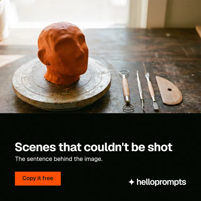 Instagram post for HelloPrompts: "Scenes that couldn't be shot". Swiss style, bottom layout, dark palette in black, white, orange.