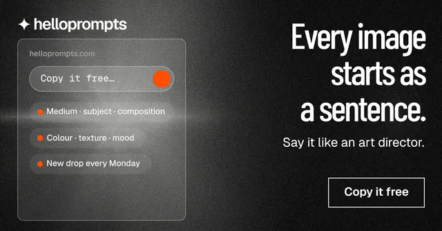 Social ad for HelloPrompts: "Every image starts as a sentence." Dark deco style, right layout, dark palette in black, grey.