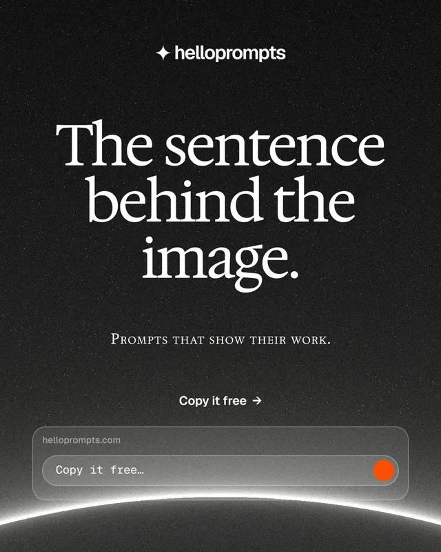 Instagram portrait post for HelloPrompts: "The sentence behind the image." Swiss style, smallcaps layout, dark palette in black, grey.