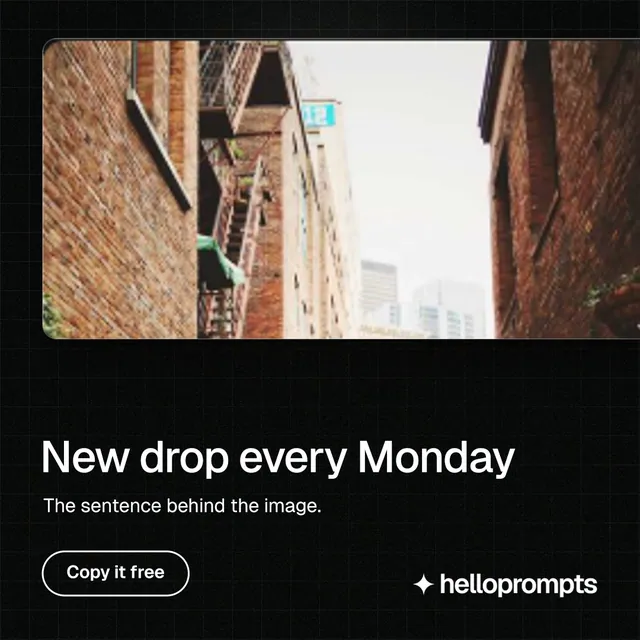 Instagram post for HelloPrompts: "New drop every Monday". Phosphor atlas style, bottom layout, dark palette in black, orange.