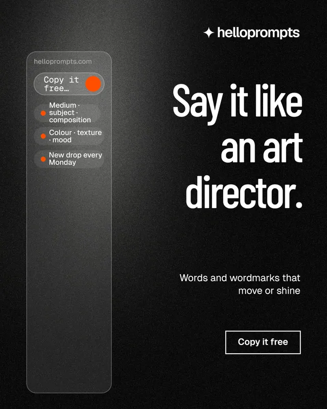 Instagram portrait post for HelloPrompts: "Say it like an art director." Dark deco style, right layout, dark palette in black, grey.