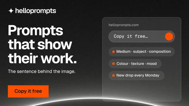 Landscape graphic for HelloPrompts: "Prompts that show their work." Swiss style, bottom layout, dark palette in grey, black.
