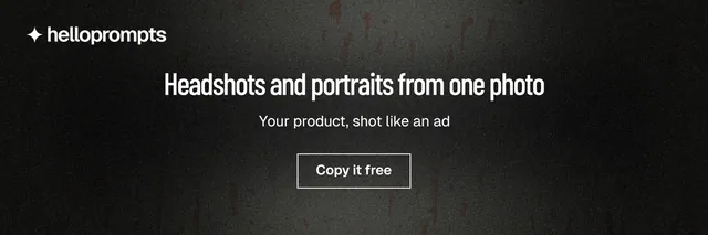 X header for HelloPrompts: "Headshots and portraits from one photo". Dark deco style, centred layout, dark palette in black, grey.