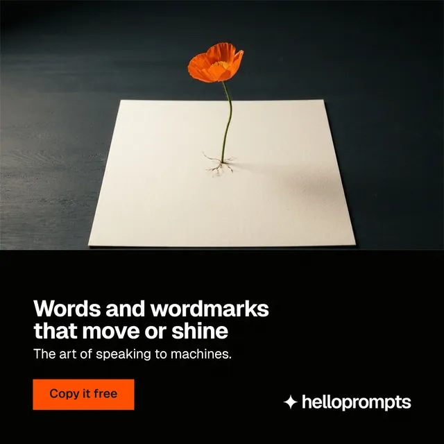 Instagram post for HelloPrompts: "Words and wordmarks that move or shine". Swiss style, bottom layout, dark palette in black, orange, grey.