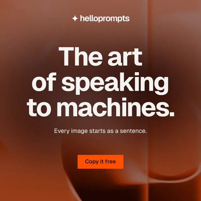Instagram post for HelloPrompts: "The art of speaking to machines." Swiss style, centred layout, dark palette in orange, red, grey.