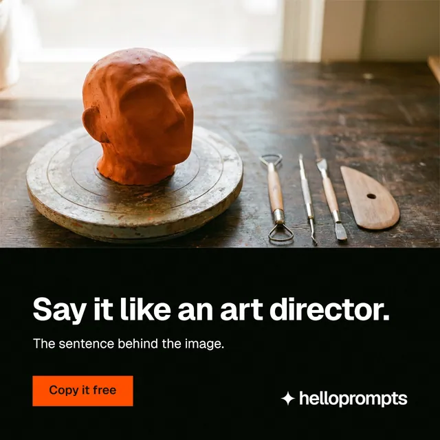 Instagram post for HelloPrompts: "Say it like an art director." Swiss style, bottom layout, dark palette in black, white, orange.
