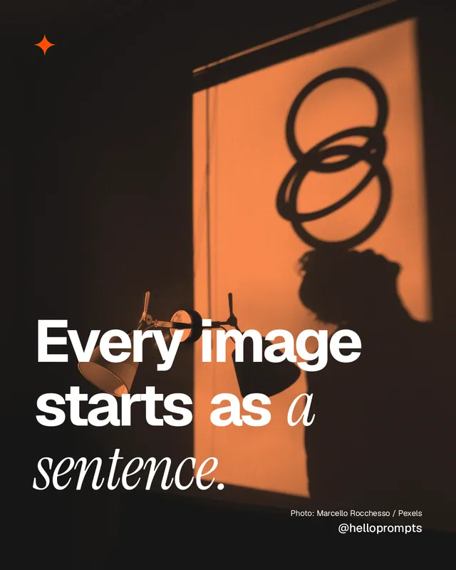 Instagram portrait post for HelloPrompts: "Every image starts as a sentence." Duotone style, technique:pexels ingredient layout, dark palette in black, orange.