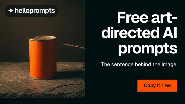 Landscape graphic for HelloPrompts: "Free art-directed AI prompts". Swiss style, right layout, dark palette in black, orange.