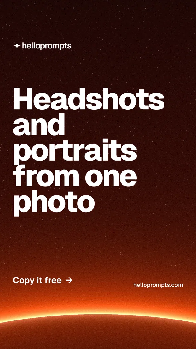 Instagram story for HelloPrompts: "Headshots and portraits from one photo". Turn card style, poster layout, dark palette in red, black, orange.