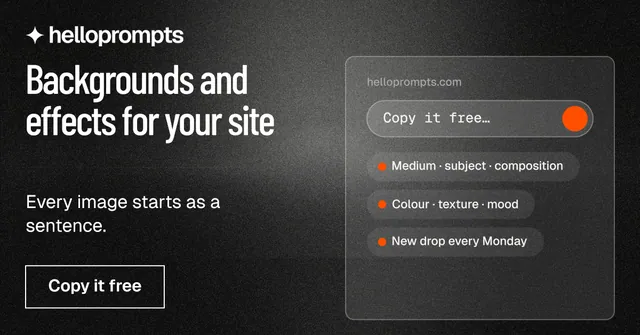 Social ad for HelloPrompts: "Backgrounds and effects for your site". Dark deco style, bottom layout, dark palette in black, grey.