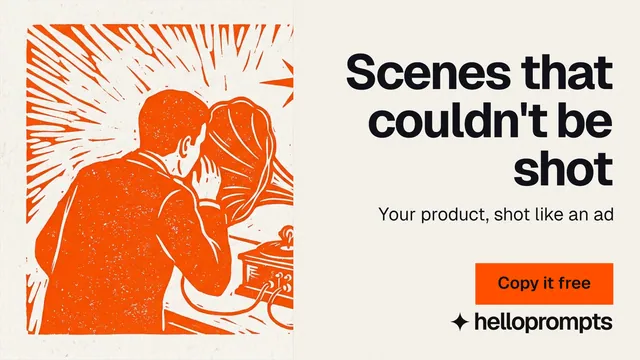 Landscape graphic for HelloPrompts: "Scenes that couldn't be shot". Swiss style, right layout, light palette in white, orange.
