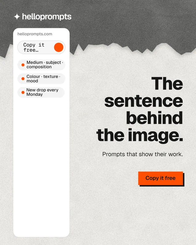 Instagram portrait post for HelloPrompts: "The sentence behind the image." Paper trio style, right layout, light palette in white, grey.