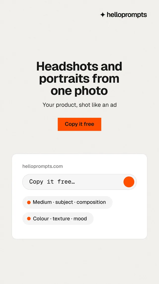 Instagram story for HelloPrompts: "Headshots and portraits from one photo". Swiss style, centred layout, light palette in white, orange.