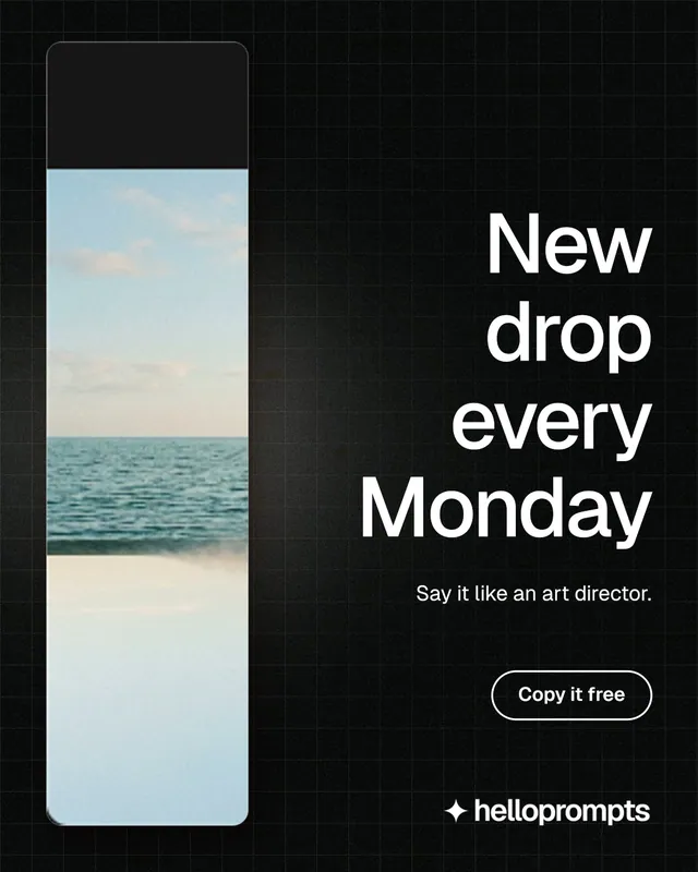 Instagram portrait post for HelloPrompts: "New drop every Monday". Phosphor atlas style, right layout, dark palette in black, grey.