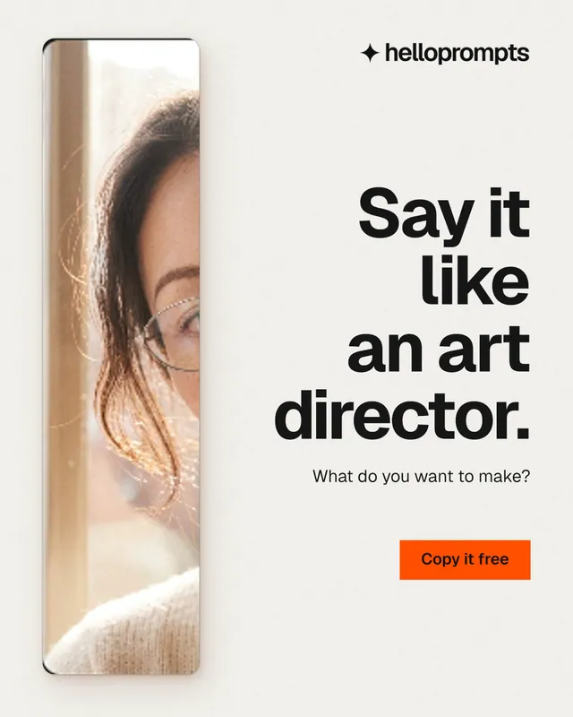 Instagram portrait post for HelloPrompts: "Say it like an art director." Swiss style, right layout, light palette in white, orange.