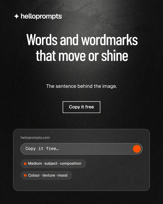 Instagram portrait post for HelloPrompts: "Words and wordmarks that move or shine". Dark deco style, centred layout, dark palette in black, grey.