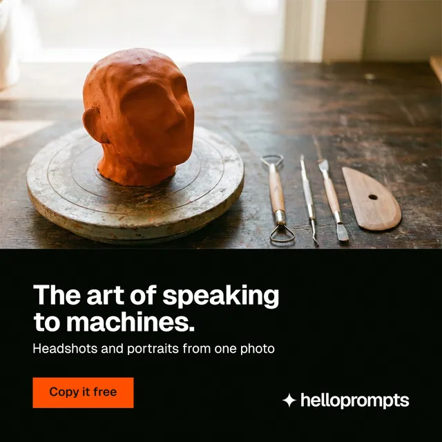 Instagram post for HelloPrompts: "The art of speaking to machines." Swiss style, bottom layout, dark palette in black, white, orange.